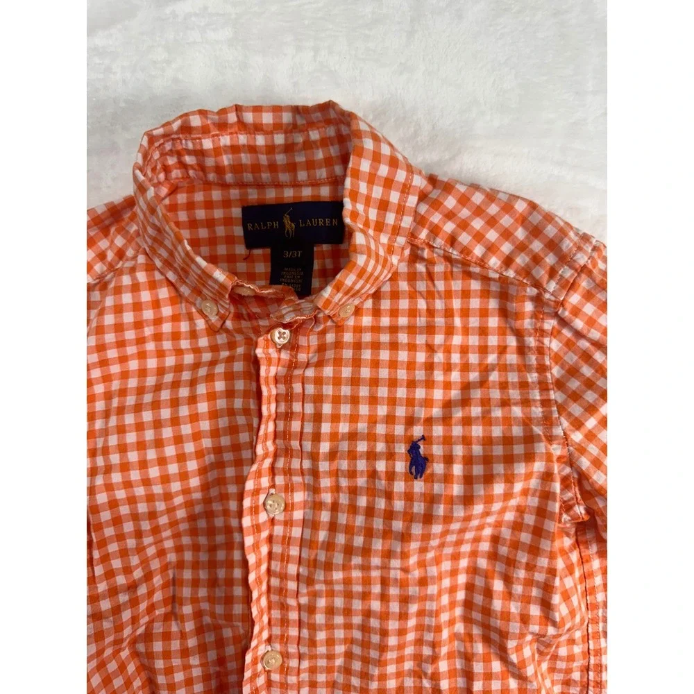 Ralph Lauren Gingham Button Down Shirt 3T Orange White Check Long Sleeve Toddler
